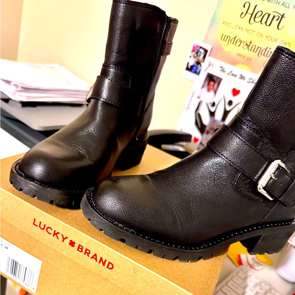 Only worn twice, still in box. Black Lucky Brand shoe boots. Size 8.5